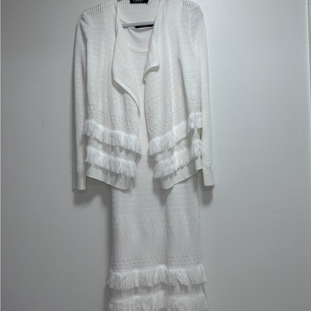 Ralph Lauren White Midi Dress with Fringe Details